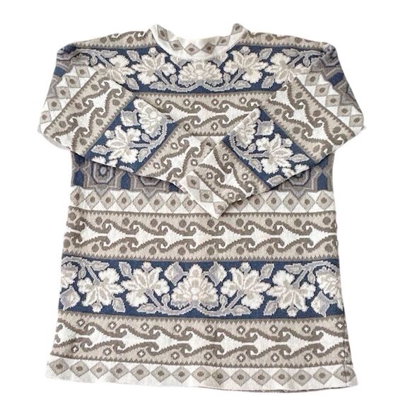 Express Vintage Women’s Oversized Long Sleeve Beige Teal Patterned Sweater Sz S - Picture 3 of 10